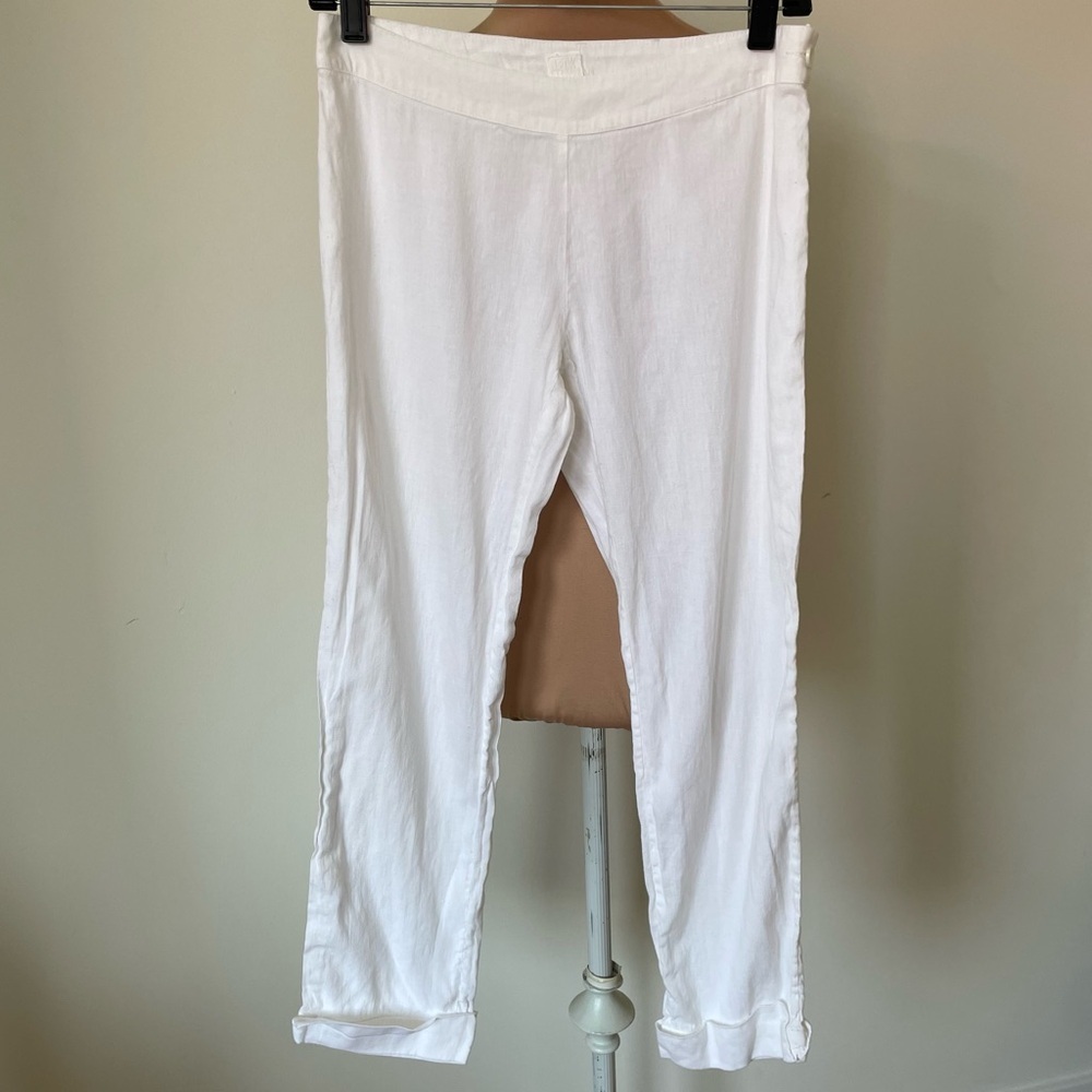 120% Lino White Linen Low Rise Cuffed Cropped Coastal Grandma Pants EUC Size 00